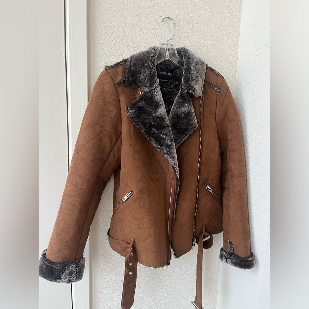 MINKPINK Faux Fur-Lined Leather Jacket Brown